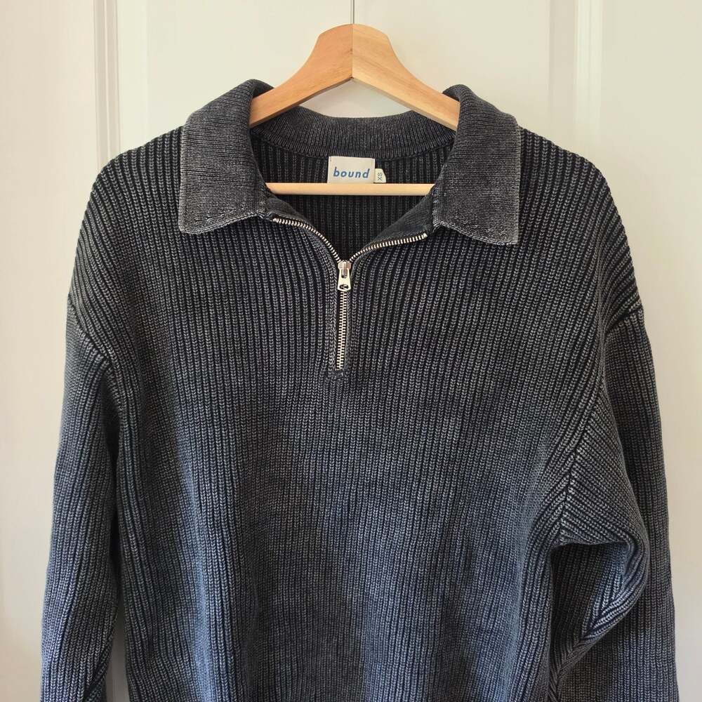 Bound Acid Wash Charcoal Quarter Zip Ribbed Knit Sweater XS Oversized Grunge